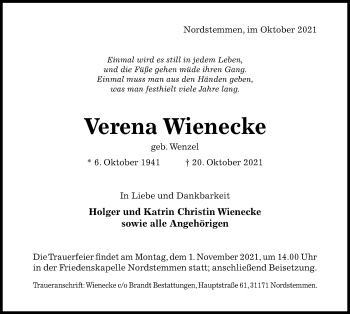 Traueranzeige von Verena Wienecke von Hildesheimer Allgemeine Zeitung