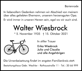 Traueranzeige von Walter Wiesbrock von Hildesheimer Allgemeine Zeitung