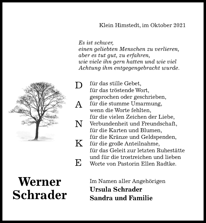  Traueranzeige für Werner Schrader vom 28.10.2021 aus Hildesheimer Allgemeine Zeitung