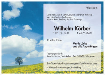 Traueranzeige von Wilhelm Körber von Hildesheimer Allgemeine Zeitung