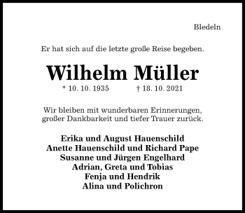 Traueranzeige von Wilhelm Müller von Hildesheimer Allgemeine Zeitung