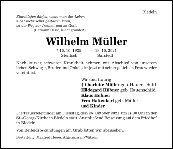 Traueranzeige von Wilhelm Müller von Hildesheimer Allgemeine Zeitung