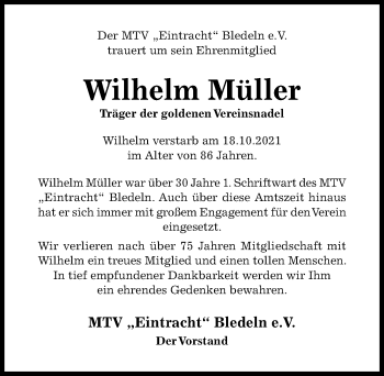Traueranzeige von Wilhelm Müller von Hildesheimer Allgemeine Zeitung