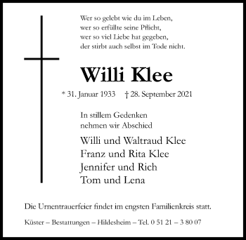 Traueranzeige von Willi Klee von Hildesheimer Allgemeine Zeitung