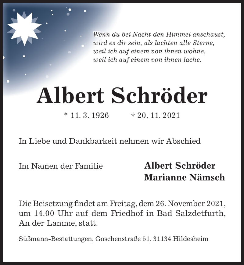  Traueranzeige für Albert Schröder vom 24.11.2021 aus Hildesheimer Allgemeine Zeitung