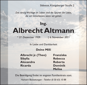 Traueranzeige von Albrecht Altmann von Hildesheimer Allgemeine Zeitung