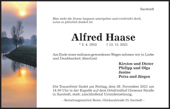 Traueranzeige von Alfred Haase von Hildesheimer Allgemeine Zeitung