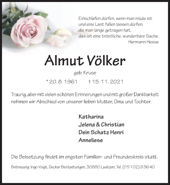 Traueranzeige von Almut Völker von Hildesheimer Allgemeine Zeitung