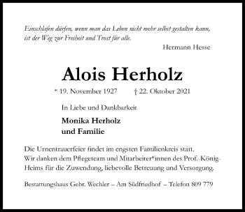Traueranzeige von Alois Herholz von Hildesheimer Allgemeine Zeitung