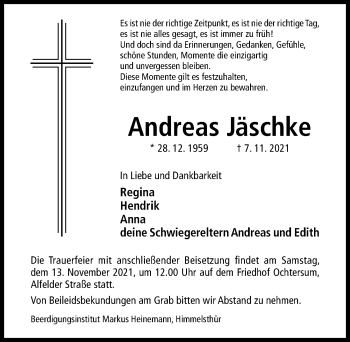 Traueranzeige von Andreas Jäschke von Hildesheimer Allgemeine Zeitung