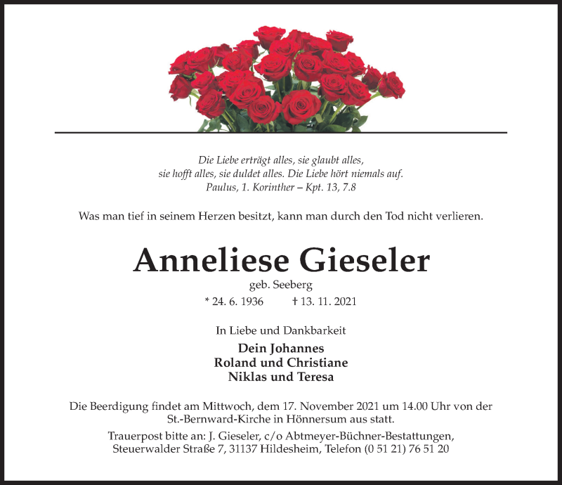  Traueranzeige für Anneliese Gieseler vom 16.11.2021 aus Hildesheimer Allgemeine Zeitung