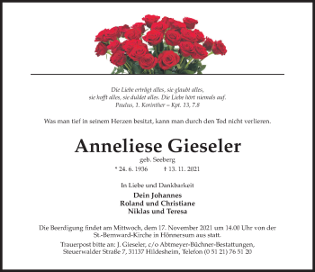 Traueranzeige von Anneliese Gieseler von Hildesheimer Allgemeine Zeitung