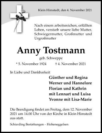 Traueranzeige von Anny Tostmann von Hildesheimer Allgemeine Zeitung