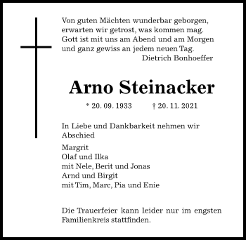 Traueranzeige von Arno Steinacker von Hildesheimer Allgemeine Zeitung
