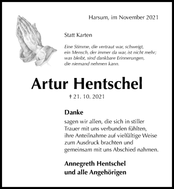Traueranzeige von Artur Hentschel von Hildesheimer Allgemeine Zeitung