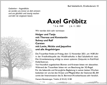 Traueranzeige von Axel Gröbitz von Hildesheimer Allgemeine Zeitung