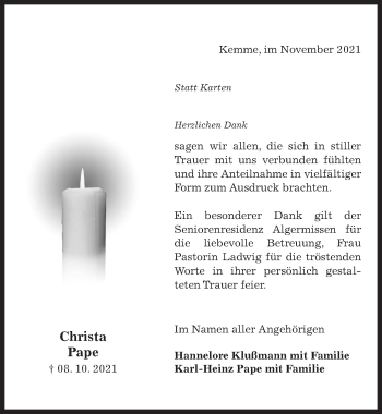 Traueranzeige von Christa Pape von Hildesheimer Allgemeine Zeitung