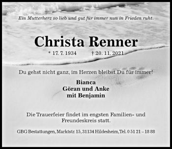 Traueranzeige von Christa Renner von Hildesheimer Allgemeine Zeitung