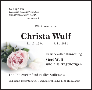 Traueranzeige von Christa Wulf von Hildesheimer Allgemeine Zeitung