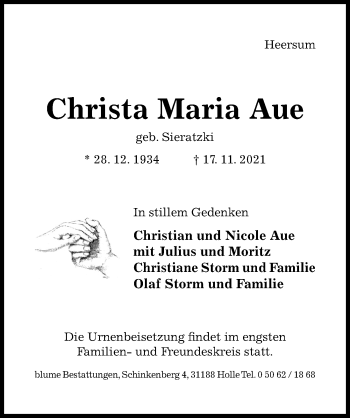 Traueranzeige von Christa Maria Aue von Hildesheimer Allgemeine Zeitung