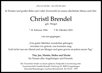 Traueranzeige von Christl Brendel von Hildesheimer Allgemeine Zeitung