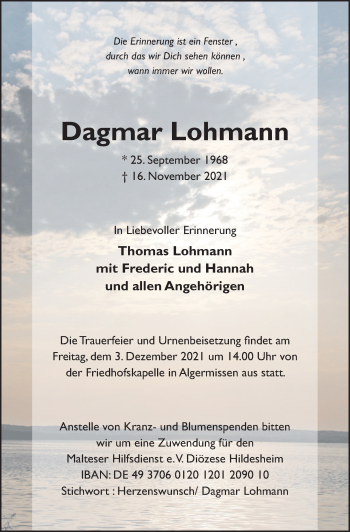 Traueranzeige von Dagmar Lohmann von Hildesheimer Allgemeine Zeitung