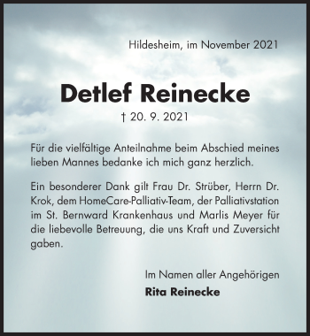 Traueranzeige von Detlef Reinecke von Hildesheimer Allgemeine Zeitung