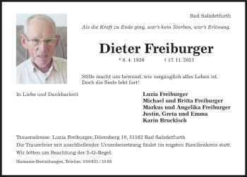 Traueranzeige von Dieter Freiburger von Hildesheimer Allgemeine Zeitung