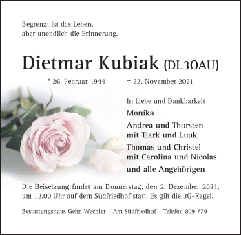 Traueranzeige von Dietmar Kubiak von Hildesheimer Allgemeine Zeitung
