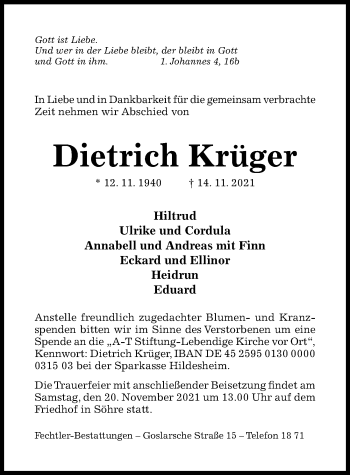 Traueranzeige von Dietrich Krüger von Hildesheimer Allgemeine Zeitung