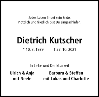 Traueranzeige von Dietrich Kutscher von Hildesheimer Allgemeine Zeitung