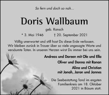Traueranzeige von Doris Wallbaum von Hildesheimer Allgemeine Zeitung