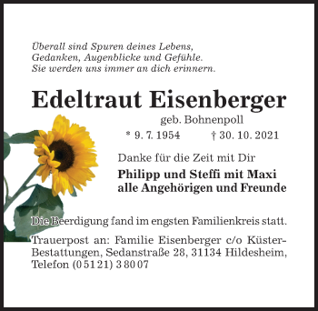 Traueranzeige von Edeltraut Eisenberger von Hildesheimer Allgemeine Zeitung