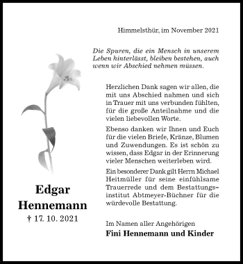 Traueranzeige von Edgar Hennemann von Hildesheimer Allgemeine Zeitung