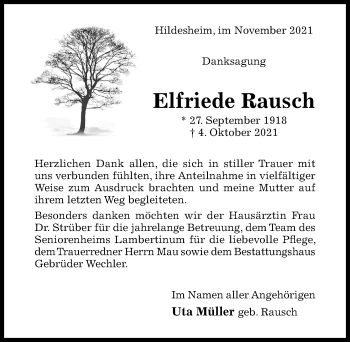 Traueranzeige von Elfriede Rausch von Hildesheimer Allgemeine Zeitung