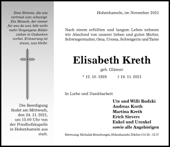 Traueranzeige von Elisabeth Kreth von Hildesheimer Allgemeine Zeitung