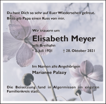Traueranzeige von Elisabeth Meyer von Hildesheimer Allgemeine Zeitung