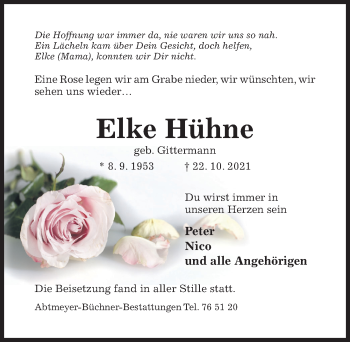 Traueranzeige von Elke Hühne von Hildesheimer Allgemeine Zeitung