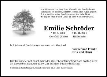 Traueranzeige von Emilie Schröder von Hildesheimer Allgemeine Zeitung