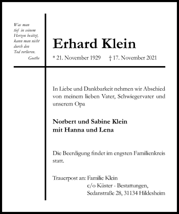 Traueranzeige von Erhard Klein von Hildesheimer Allgemeine Zeitung