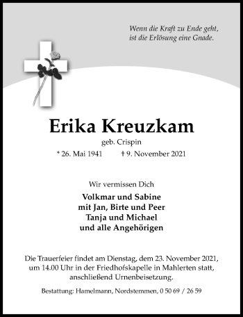 Traueranzeige von Erika Kreuzkam von Hildesheimer Allgemeine Zeitung