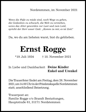 Traueranzeige von Ernst Rogge von Hildesheimer Allgemeine Zeitung