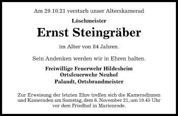 Traueranzeige von Ernst Steingräber von Hildesheimer Allgemeine Zeitung