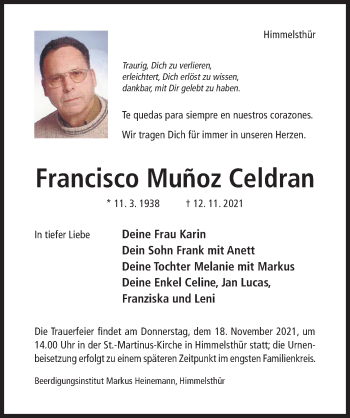 Traueranzeige von Francisco Munoz Celdran von Hildesheimer Allgemeine Zeitung