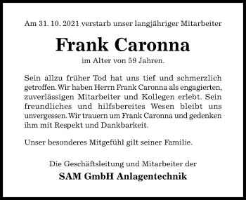 Traueranzeige von Frank Josef Caronna von Hildesheimer Allgemeine Zeitung