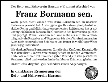 Traueranzeige von Franz Bormann von Hildesheimer Allgemeine Zeitung