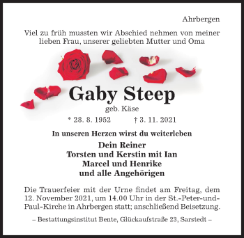 Traueranzeige von Gaby Steep von Hildesheimer Allgemeine Zeitung