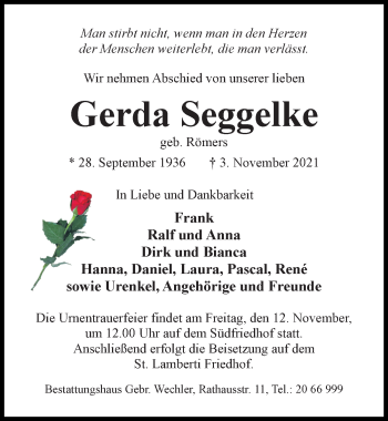 Traueranzeige von Gerda Seggelke von Hildesheimer Allgemeine Zeitung