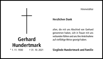 Traueranzeige von Gerhard Hundertmark von Hildesheimer Allgemeine Zeitung