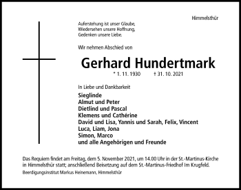 Traueranzeige von Gerhard Hundertmark von Hildesheimer Allgemeine Zeitung